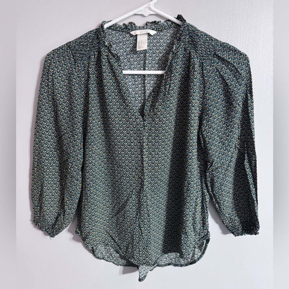 H&M Green Geometric Blouse Top Size 2 XS